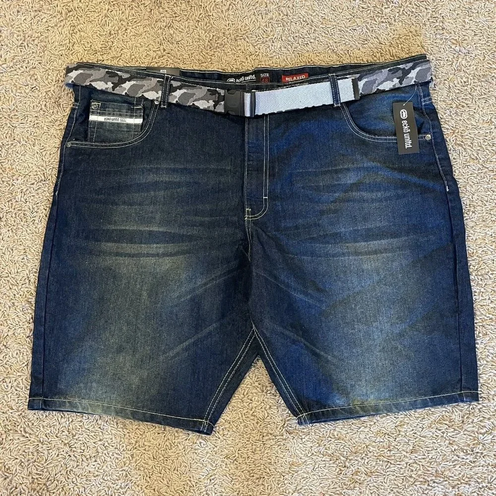 Ecko Unltd Jean Shorts Men's 759 Relaxed Fit Camo Belted Denim Dark Indigo Q965 - Picture 1 of 8